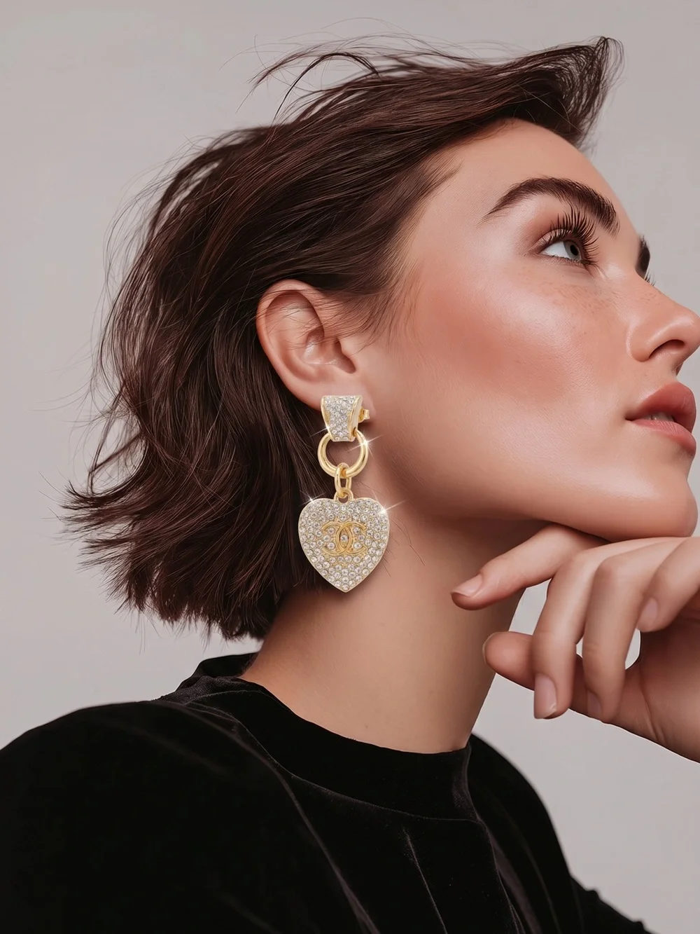 Gold Heart Drop Earrings with Crystal Accents